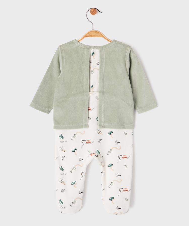 pyjama blanc et vert 2en1 en velours à motifs voitures