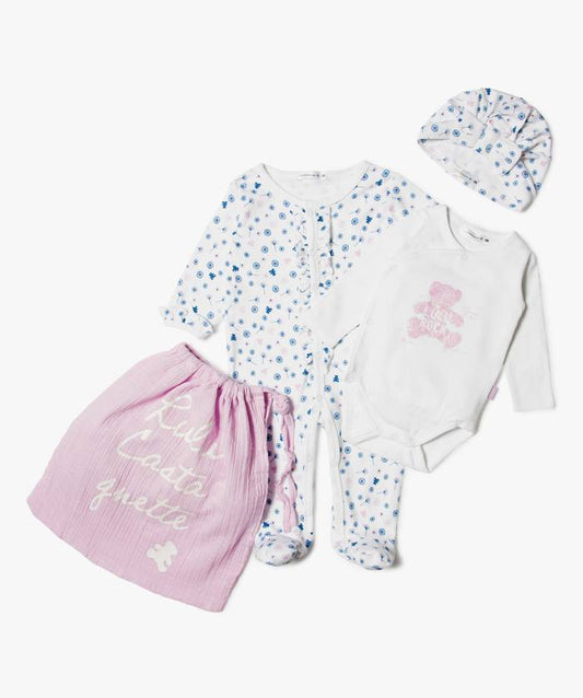 Kit naissance 3 pièces blanc et bleu : grenouillère, body et bonnet
LuluCastagnette Dakar-Sénégal