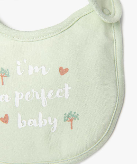 Kit naissance 3 pièces:bavoir, grenouillère,body ML,blanc et vert d'eau