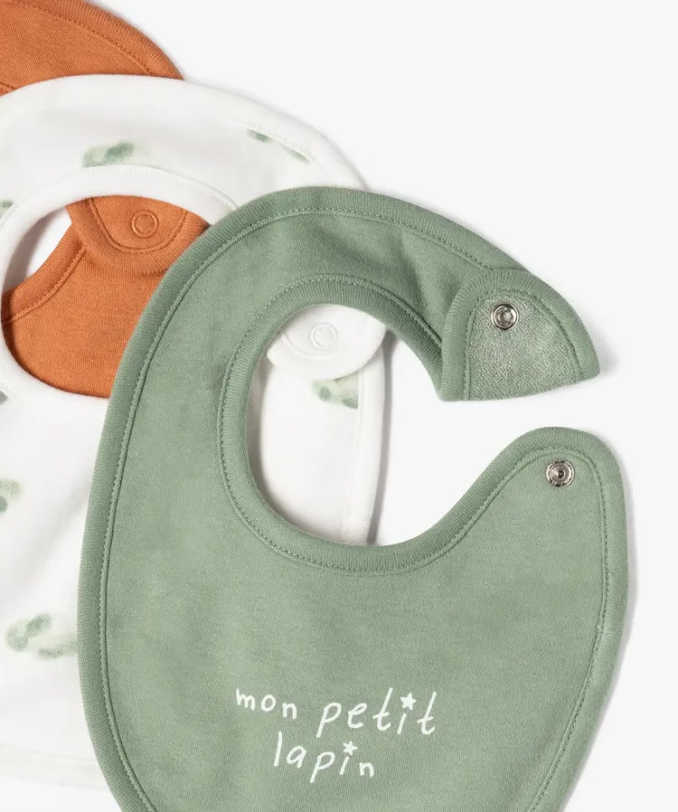 Lot de 3 bavoirs de naissance marron,blanc et vert d'eau