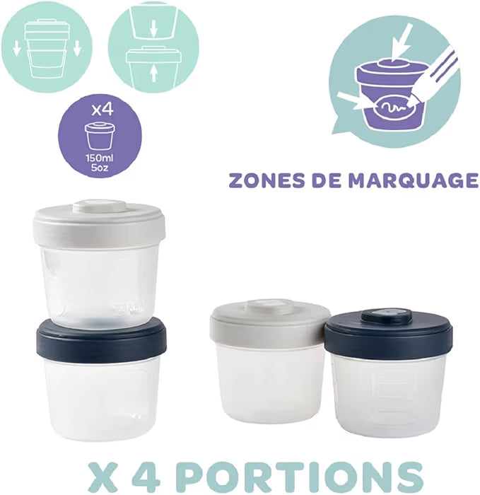 Lot de 4 pots de conservation clip,(4×150ml 1er âge.BÉABA