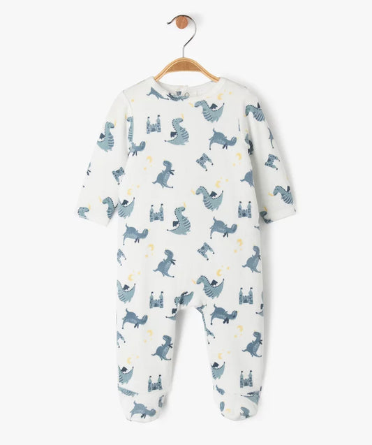 Grenouillère blanc et bleu en velours avec motif dragon
GÉMO 
Filou et loulou 
Dakar- Sénégal