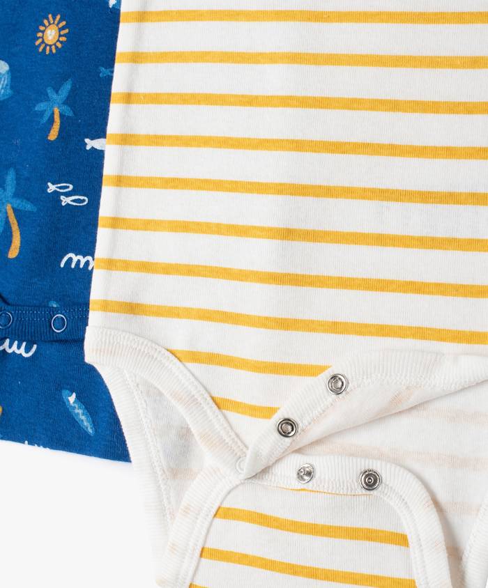 Lot de 3 bodys MC en coton bio à motif marin : jaune,bleu et rayé