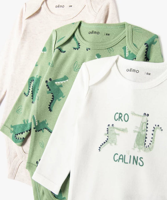 Lot de 3 bodys ML blanc et vert en coton bio