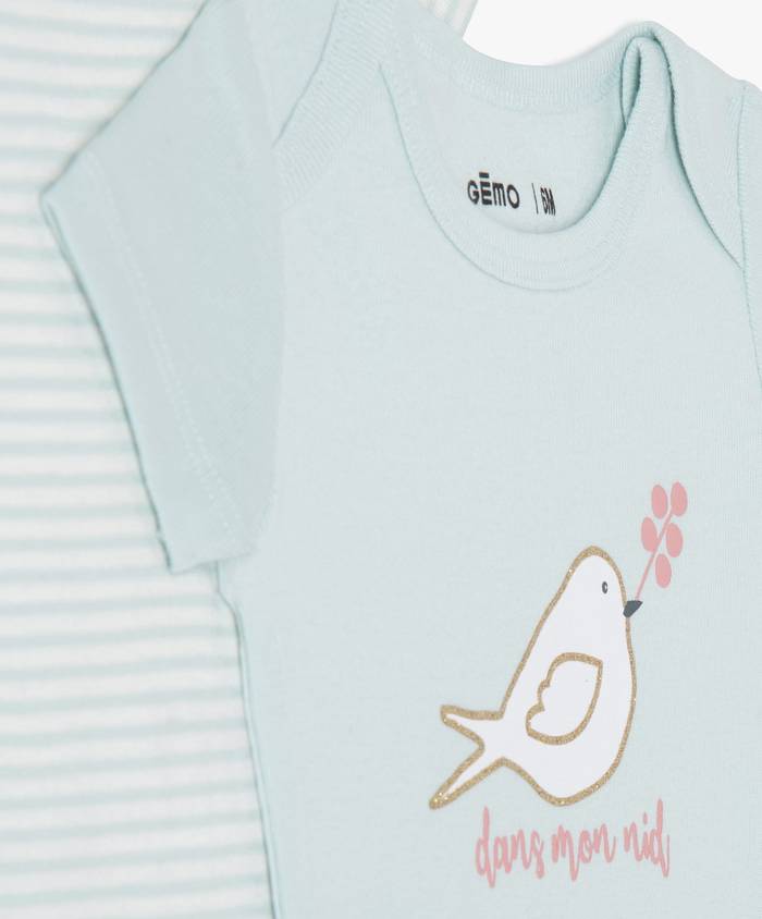 Lot de 3 bodys MC en coton bio à motif oiseaux : blanc et bleu