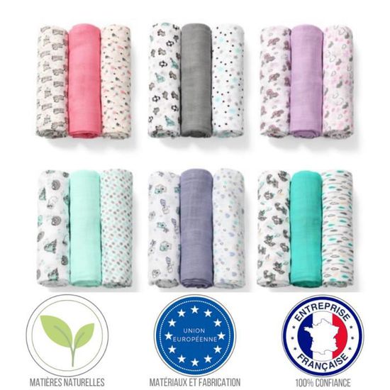 Lot de 3 langes menthe en bambou 70×70cm,Babyono