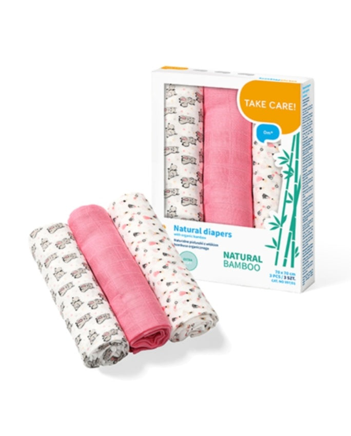 Lot de 3 langes framboise en bambou 70×70cm