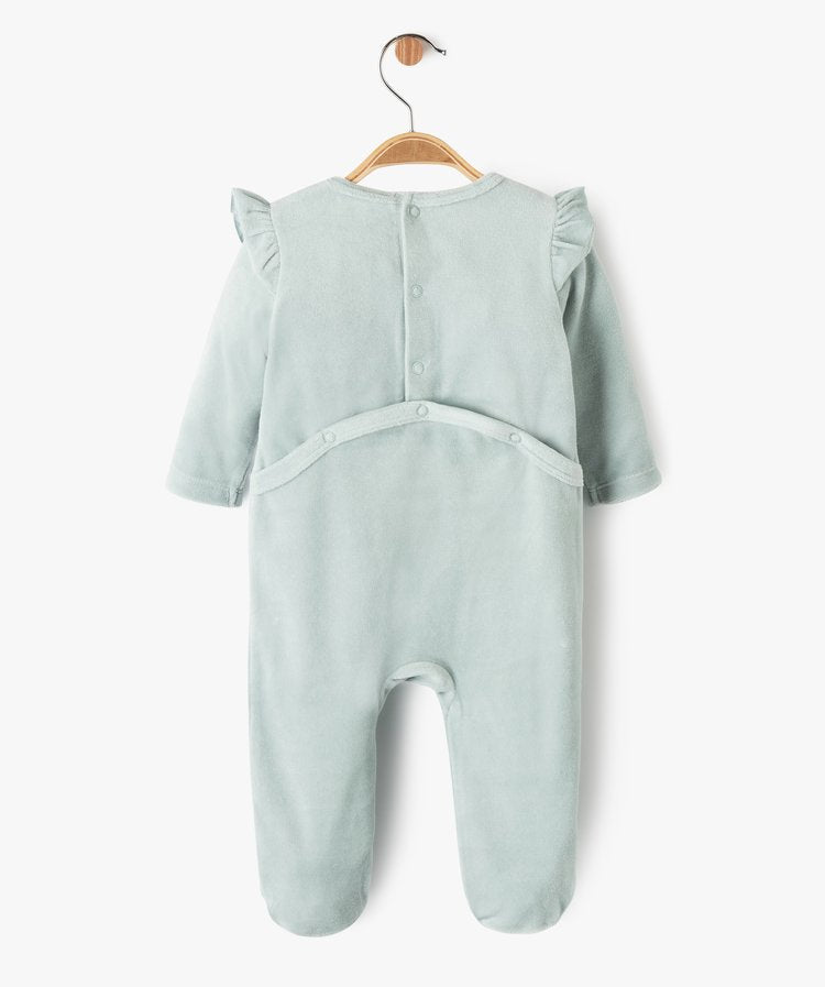 Grenouillère en velours avec volants et inscription pailletée bleu