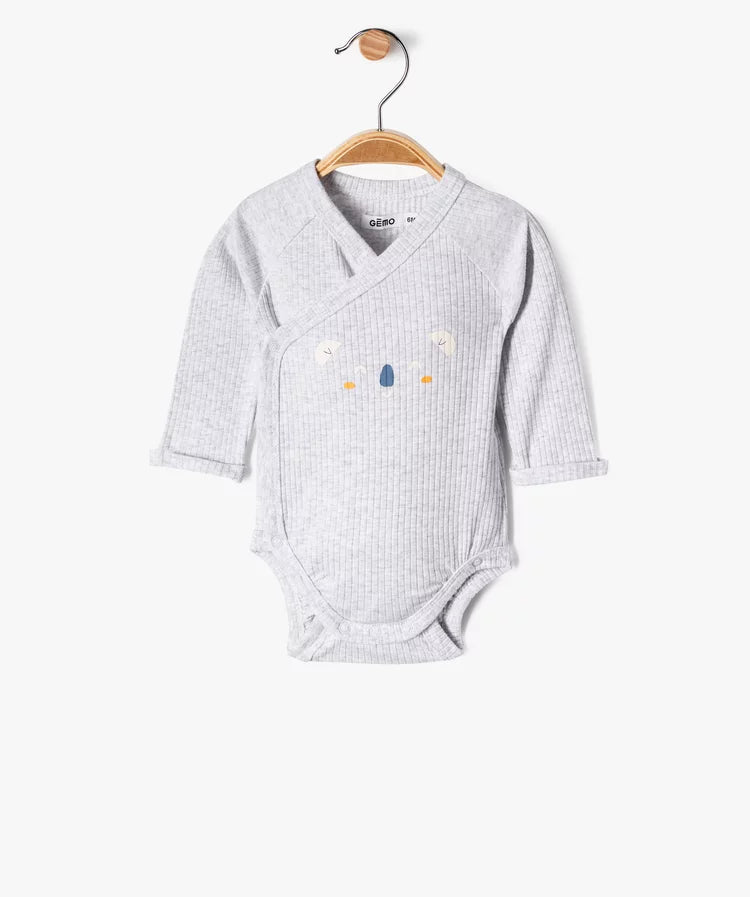 Kit naissance évolutif 3pièces:body ML,pantalon et bavoir,gris et écru