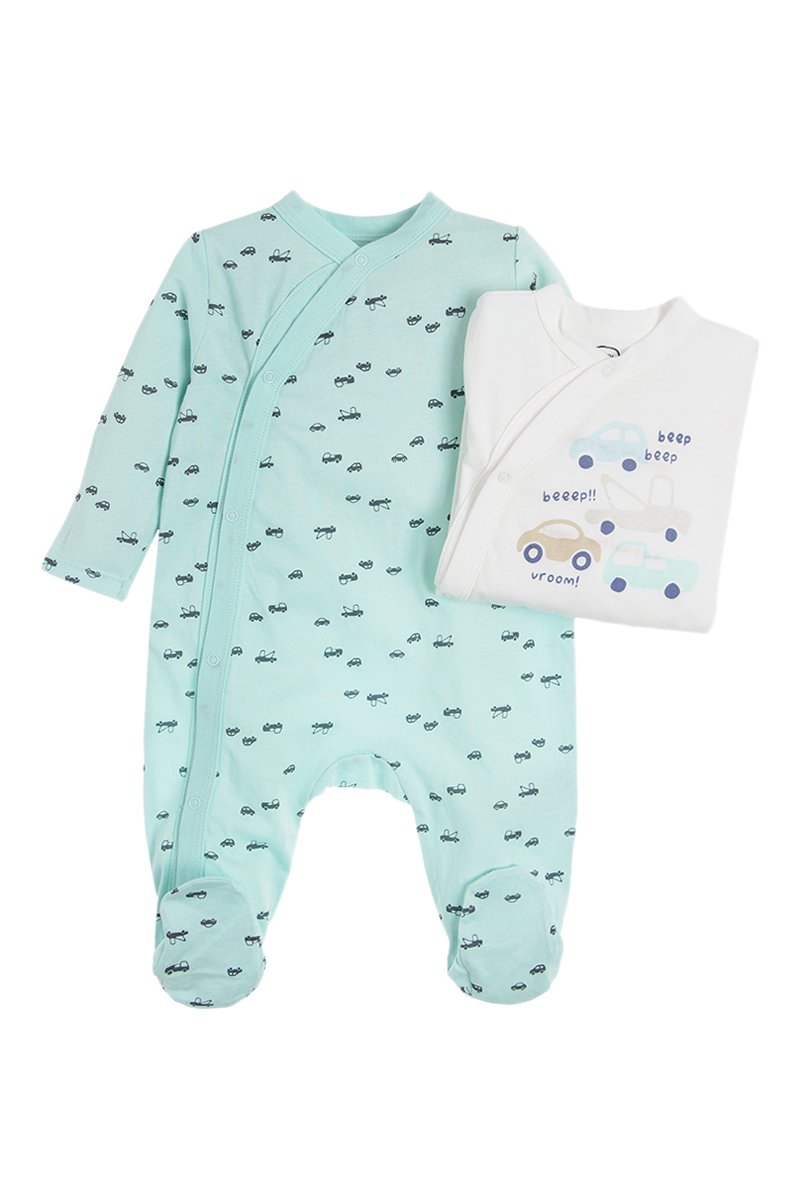 Lot de 2 grenouillères blanc et bleu clair à motif voiture