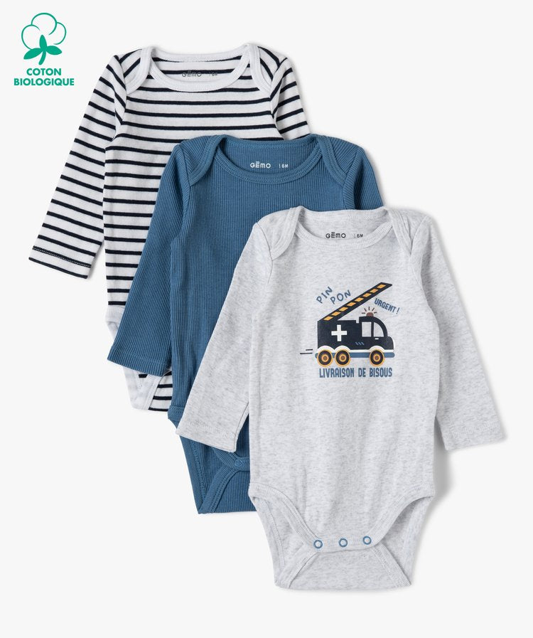 Lot de 3 bodys ML raye bleu et gris Filou et Loulou