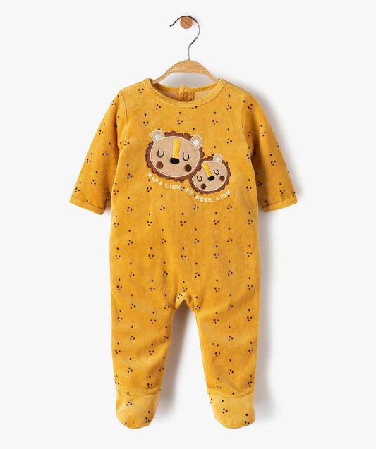Grenouillère jaune en velours avec motif lion