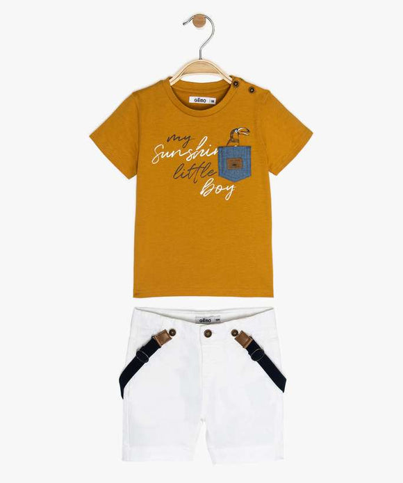 Ensemble 2pièces marron et blanc:short à bretelles + T-shirt