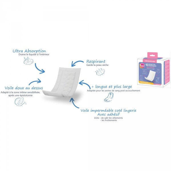 Paquet de 10 serviettes hygiéniques maternité, TIGEX