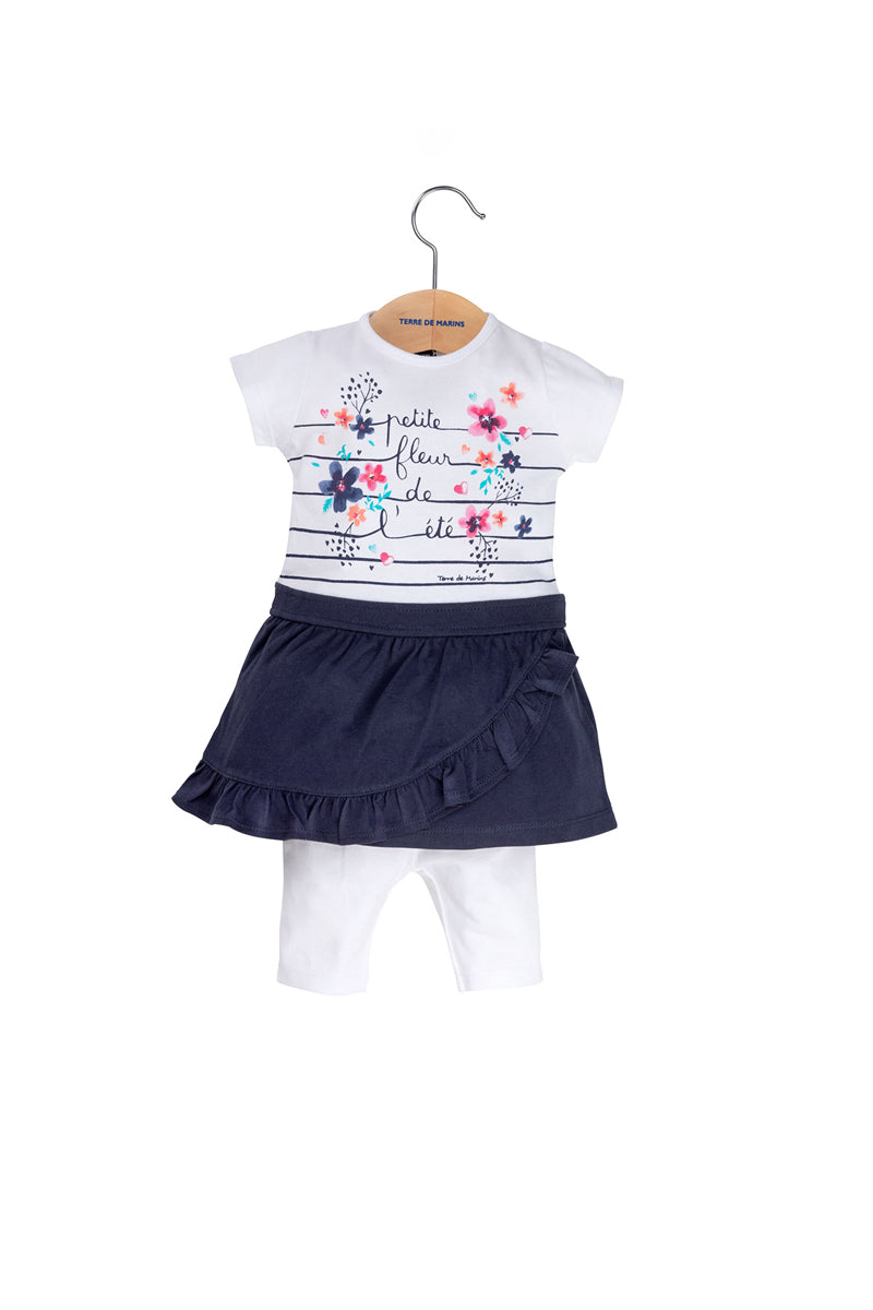 Ensemble Robe volantée et legging Blanc et bleu marine