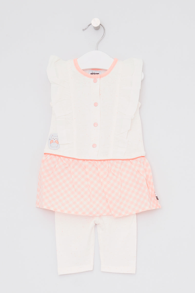 Ensemble Robe volantée et leggings Orelle - Ecru et corail