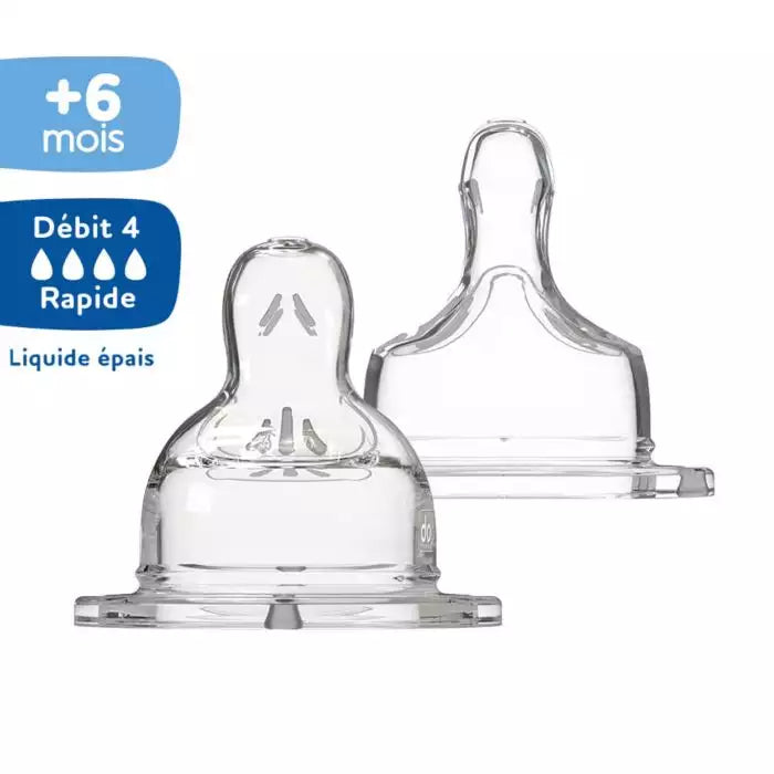 Lot de 2 tétines plates Sensation + anti-coliques débit rapide 4(liquide épais) 6mois et+ DODIE