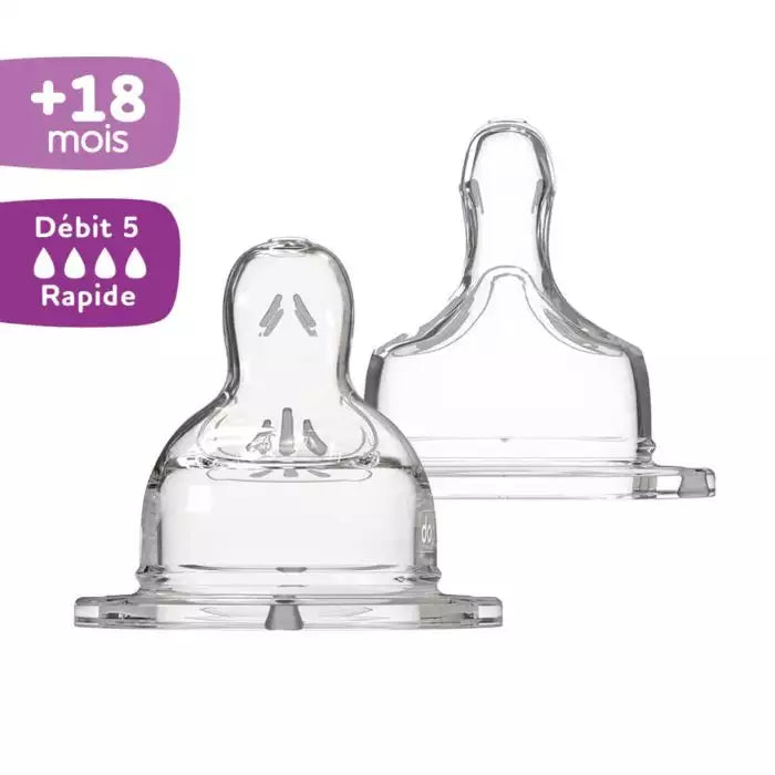 Lot de 2 tétines plates Sensation+ anti-coliques débit 5 (débit spécial) 18mois et+ DODIE