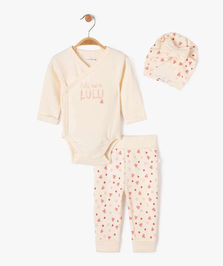 Kit naissance évolutif 3pièces: body ML, pantalon et bonnet ,écru et rose, LULU CASTAGNETTE . Filou et Loulou.  Dakar-Sénégal.