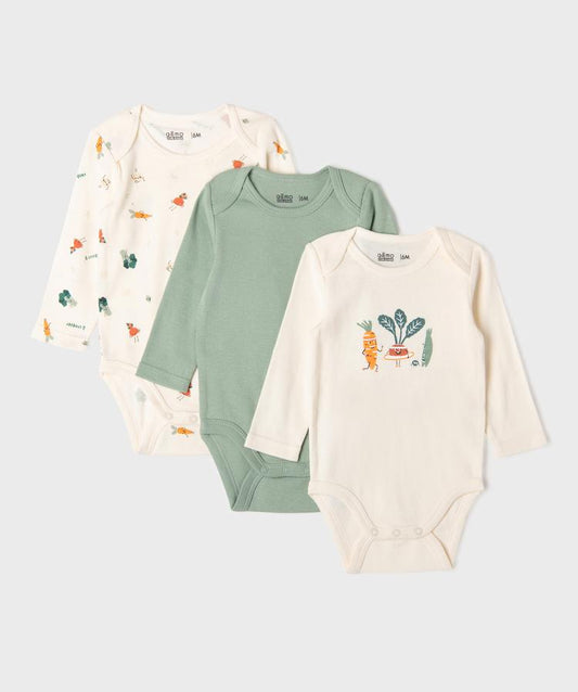 Lot de 3 bodys ML blanc et vert en coton bio. GÉMO. Filou et Loulou. Dakar-Sénégal 