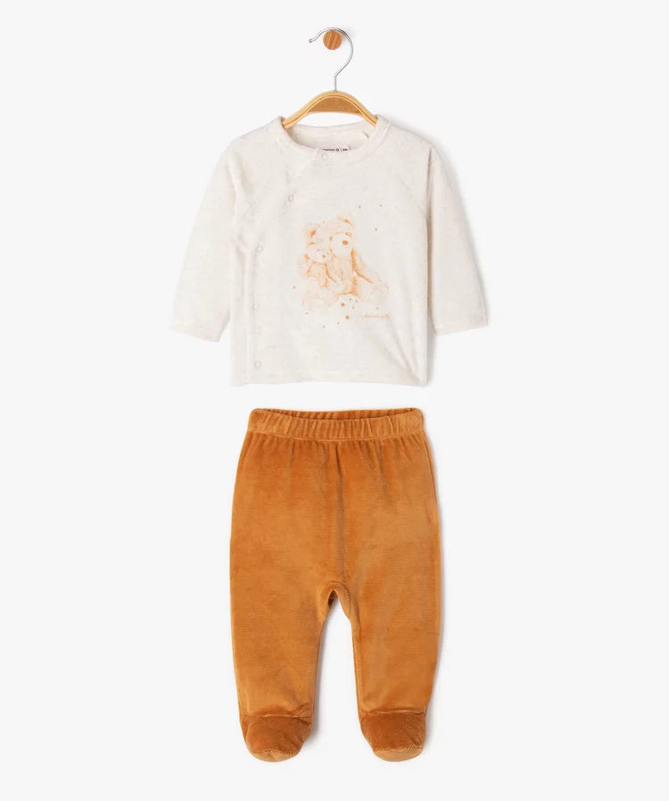 Pyjama 2 pièces: T-shirt écru et pantalon a pied marron,LULU CASTAGNETTE. Filou et Loulou.  Dakar-Sénégal 