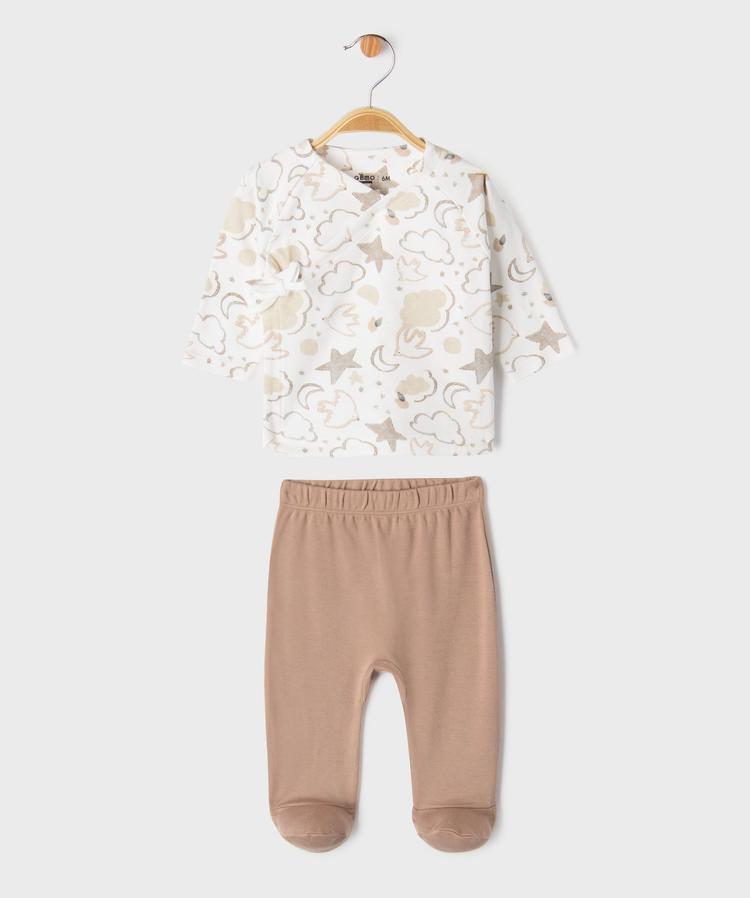 kit naissance blanc et marron de 7pièces : bonnet,grenouillère,pantalon,brassière,body,bavoir et sac