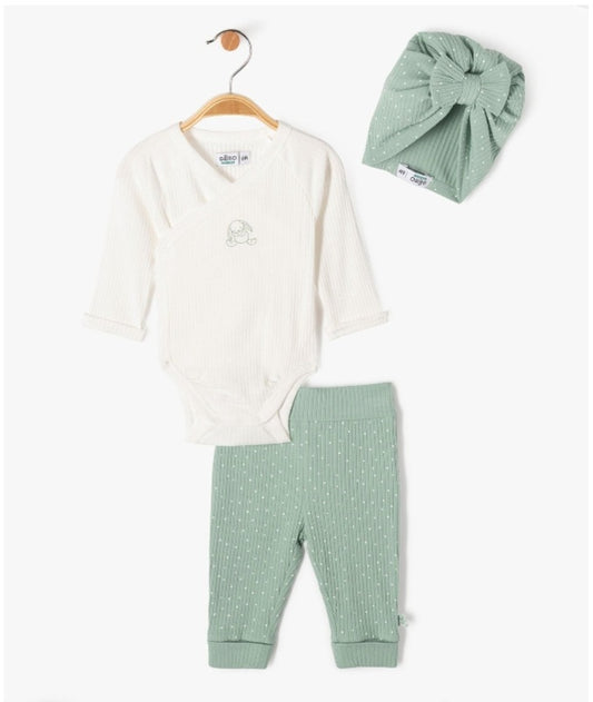 Kit naissance évolutif 3pièces:body ML,pantalon et bonnet blanc et vert d'eau. GÉMO.  Filou & Loulou. Dakar-Sénégal 