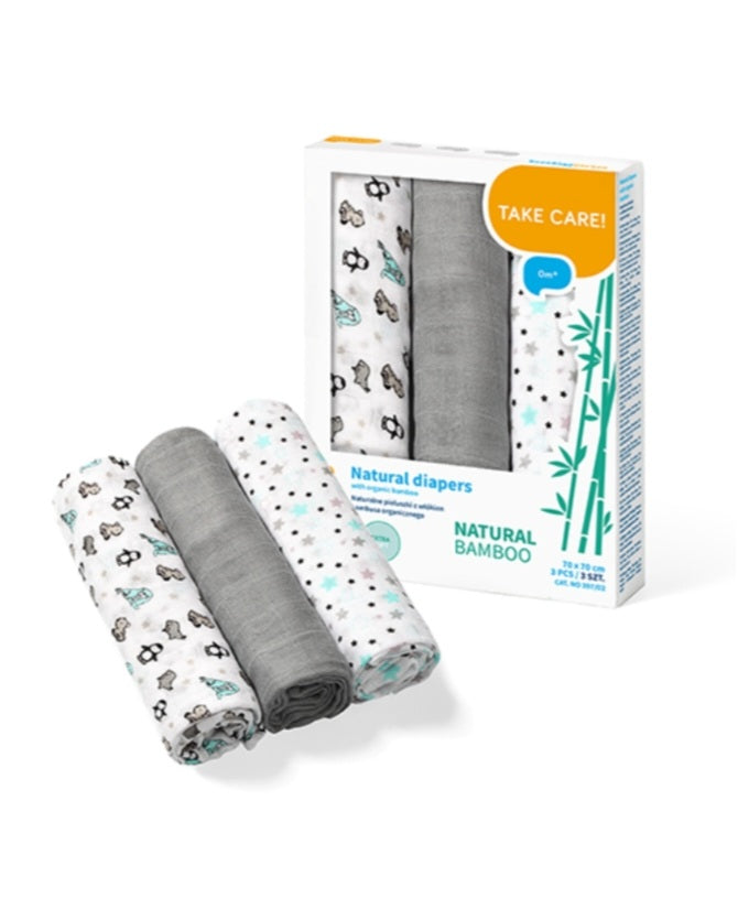 Lot de 3 langes gris en bambou 70x70cm