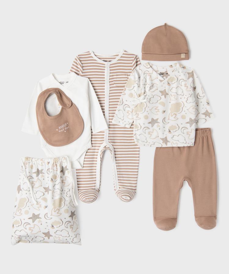 kit naissance blanc et marron de 7pièces : bonnet,grenouillère,pantalon,brassière,body,bavoir et sac . GÉMO  Filou et Loulou.  Dakar-Sénégal 