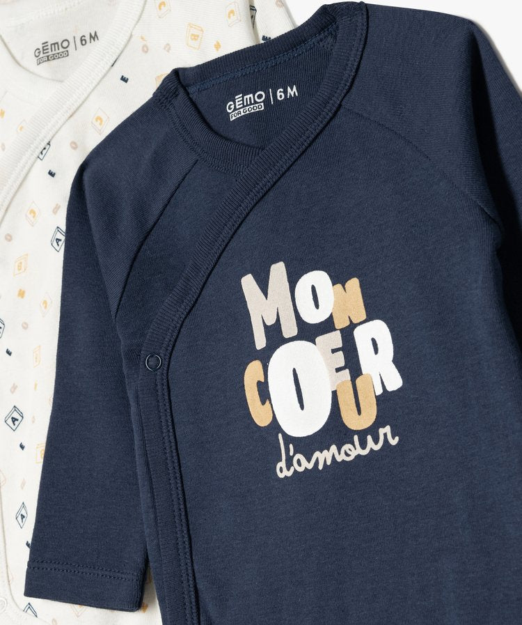 Lot de 3 bodys kimono ML blanc et bleu marine en coton bio
