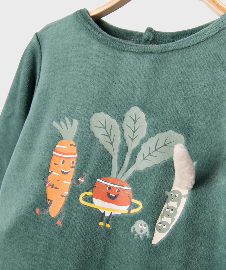 Grenouillère vert en velours à motif légumes