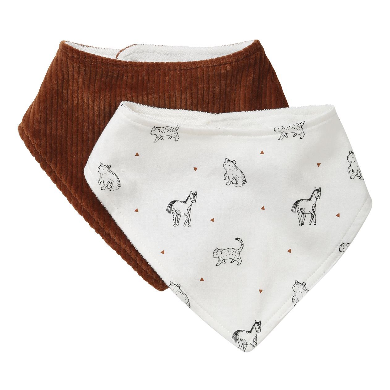 Lot de bavoirs bandana caramel et ivoire imprimé. VERBAUDET. Filou et Loulou. Dakar-Sénégal 