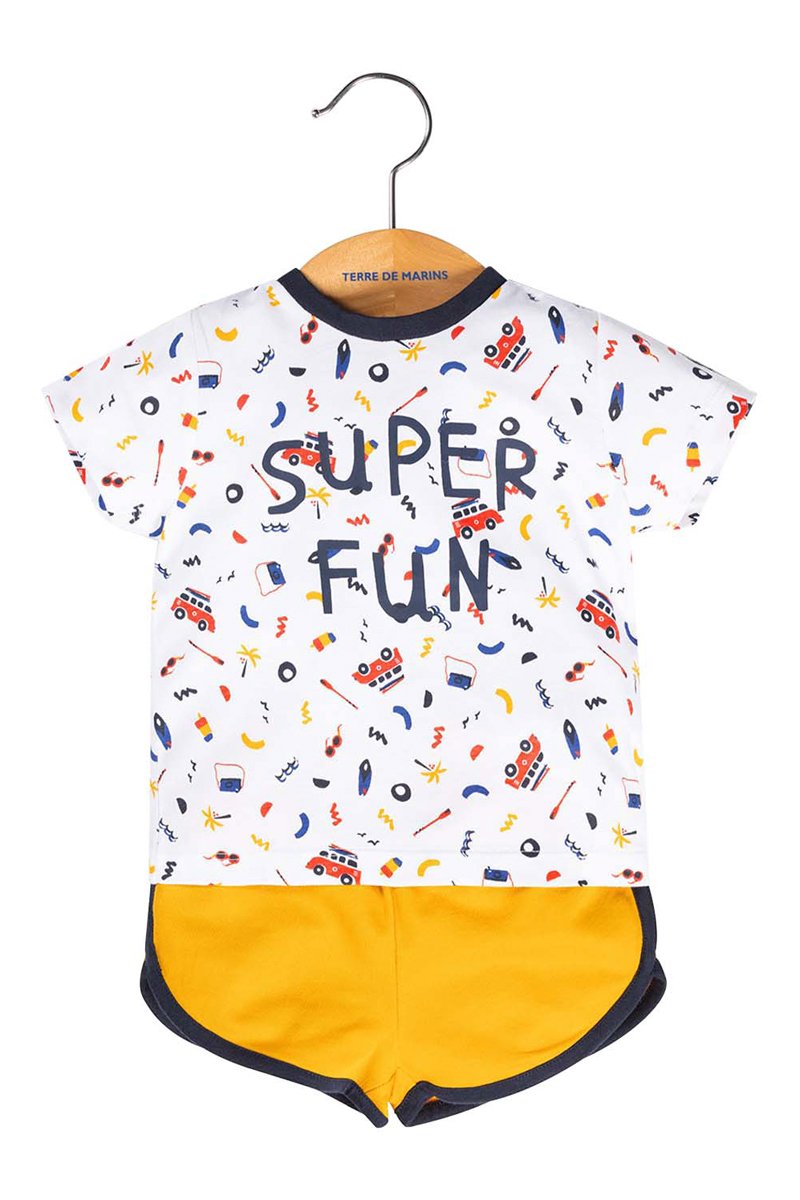 Ensemble t-shirt et short blanc et jaune. TERRE DE MARINS. Filou et Loulou.  Dakar-Sénégal 