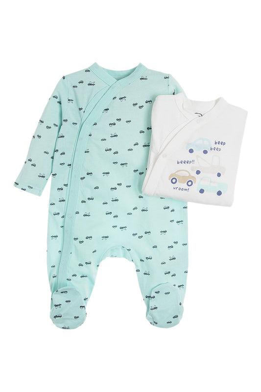 Lot de 2 grenouillères blanc et bleu clair à motif voiture