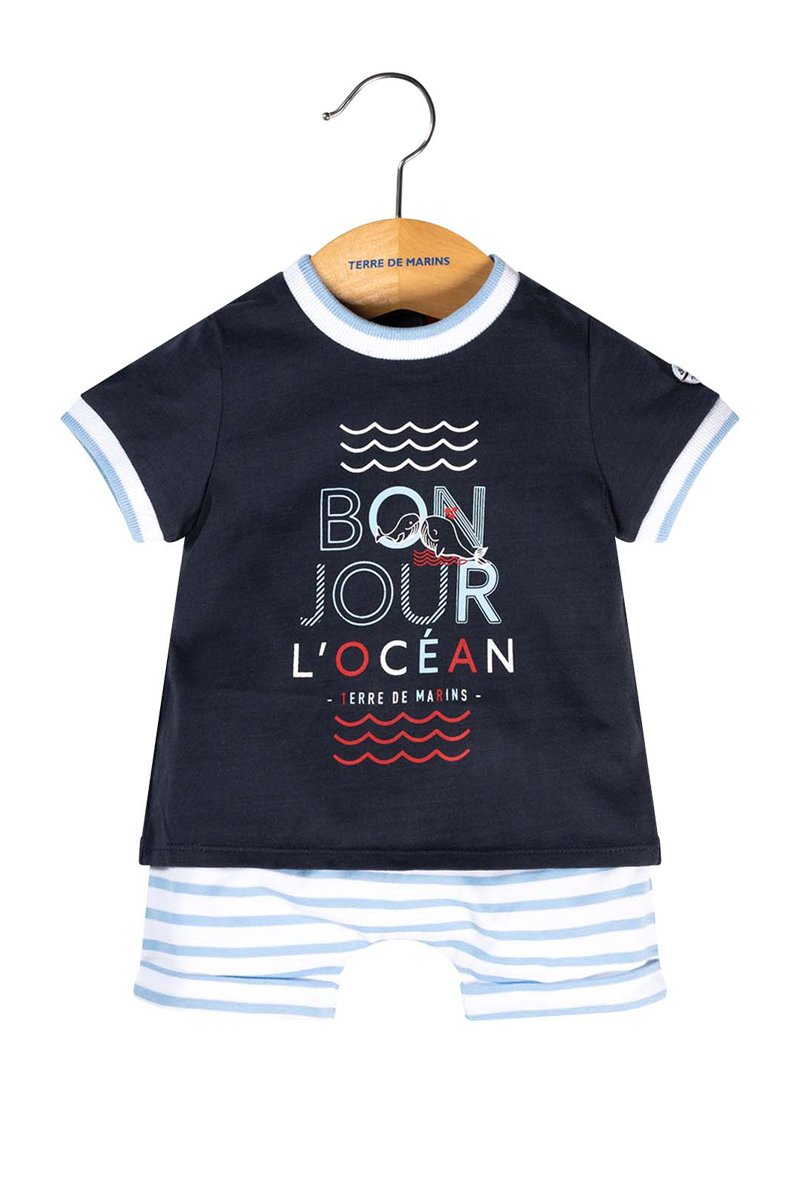 Ensemble t-shirt et short bleu marine et rayé.  Filou et Loulou.  Dakar-Sénégal 
