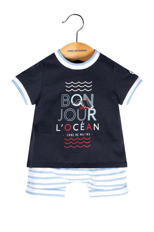 Ensemble t-shirt et short bleu marine et rayé.  Filou et Loulou.  Dakar-Sénégal 