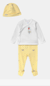 Ensemble 3 pièces blanc et jaune en coton bio : T-shirt kimono,pantalon à  pied et bonnet