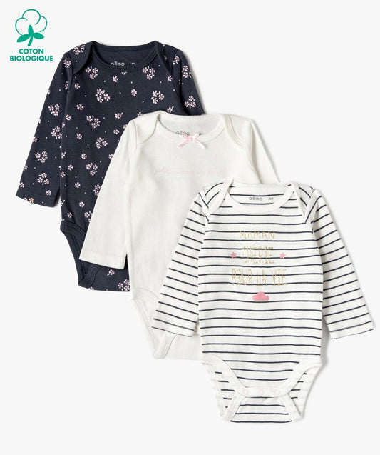 Lot de 3 bodys ML, noir,blanc et rose