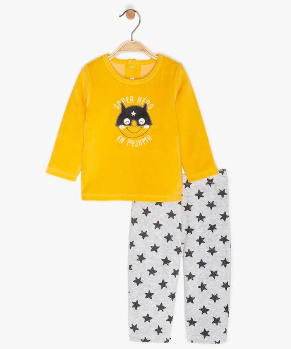 Pyjama 2 pièces jaune et gris à motif etoiles