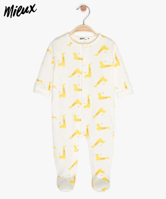 Grenouillère blanc et jaune en coton bio texturé motif girafes