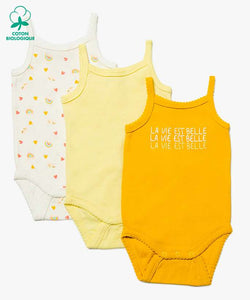 Lot de 3 bodys SM en coton bio blanc imprimé, jaune et jaune safran