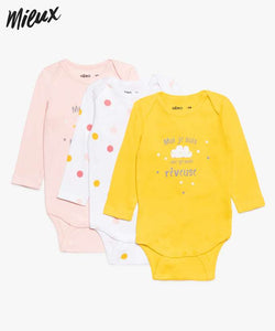 Lot de 3 bodys à ML rose,blanc,jaune