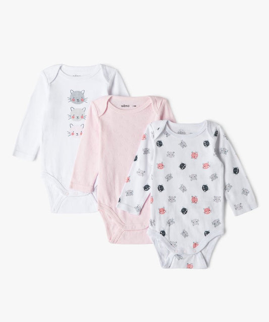 Lot de 3 bodys ML,  blanc et rose à motifs chats