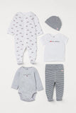 Kit Naissance, ensemble 5 pièces : Grenouillère, body ML, bonnet, T-shirt et pantalon à pieds