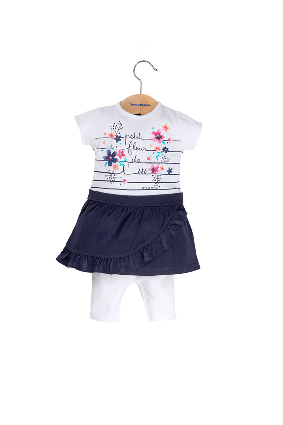 Ensemble Robe volantée et legging Blanc et bleu marine