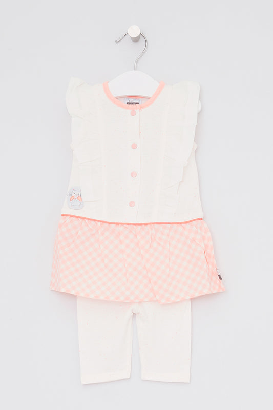 Ensemble Robe volantée et leggings Orelle - Ecru et corail