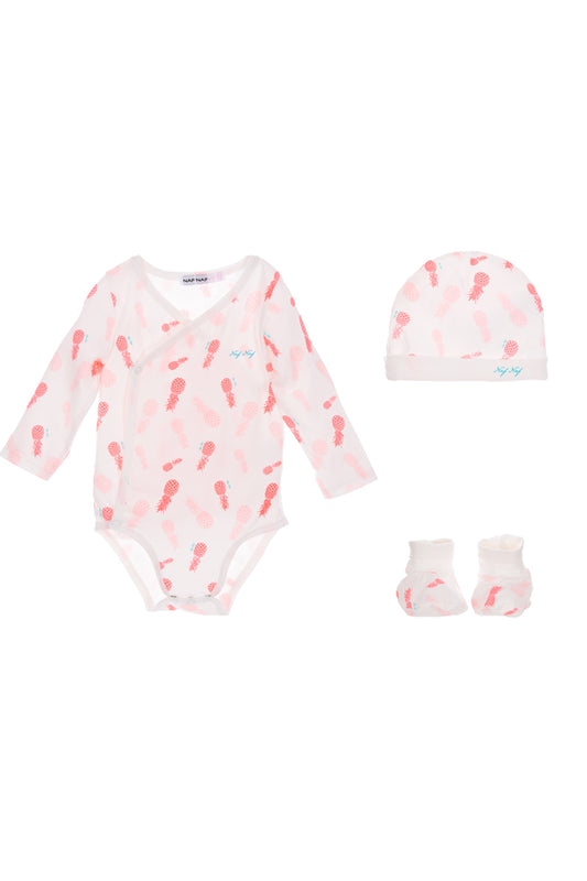 Ensemble 3 pièces : body ML,bonnet et chaussettes Blanc et rose