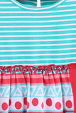 Robe volantée, turquoise et rose